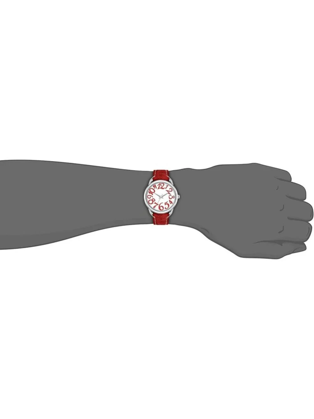 Women's Red Silver Big Arabic Number Dial Easy to Read Denim Leather Strap Watch